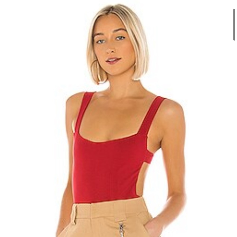 superdown Red Square Neck Side-Cut Ribbed Bodysuit